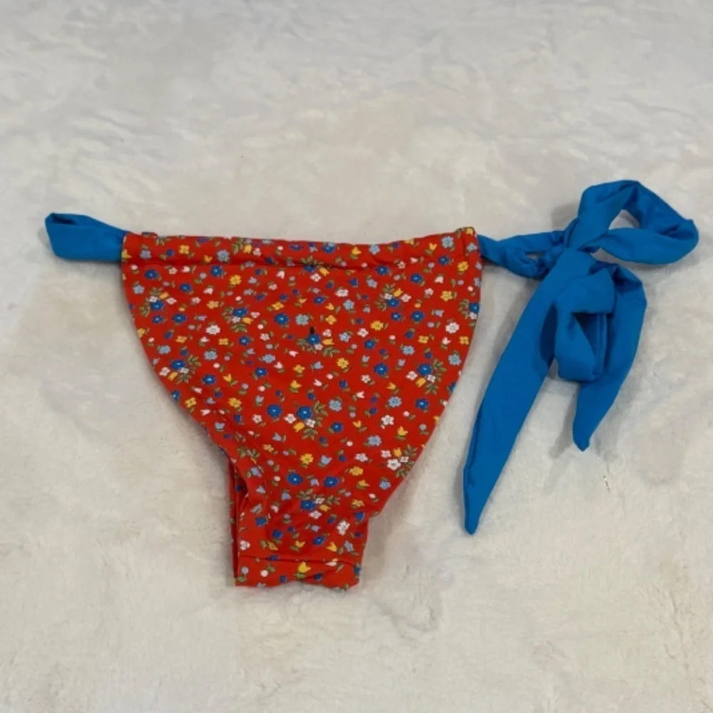 New! Frankies Bikinis Kealy Tie Side Cheeky Bikini Bottom Red Blue 31551